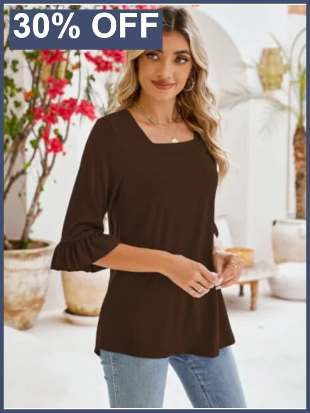 Womens 3/4 Sleeve Square Neck Ruffle Tunic Blouse Loose Fit Casual Top